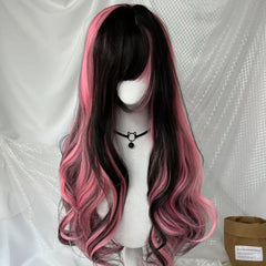 Ingvn - Long Wavy Black Highlight Pink Wig with Bangs Synthetic Diy Cosplay Wig Daily Wear Natural Wig Halloween Costume Wig for Women