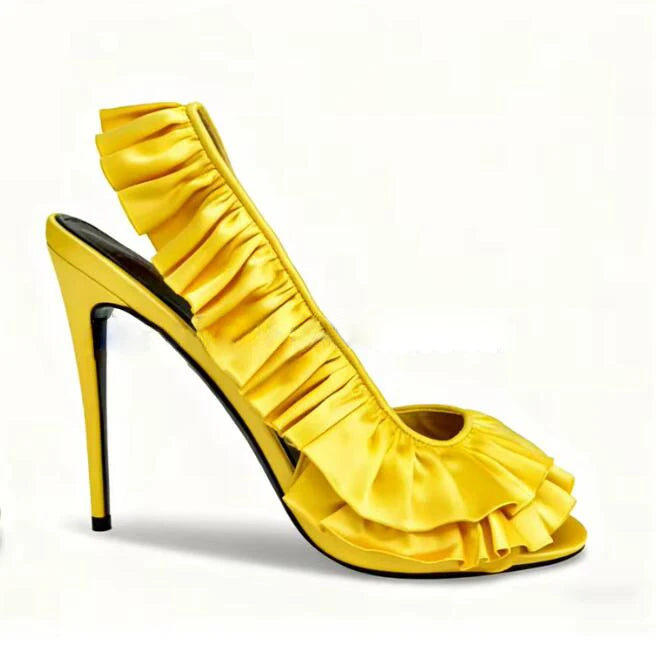 Ingvn - Neon Green Pink Silk Ruffle High Heel Sandals Women Open Toe 10cm Stiletto Heel Slip On Slingback Wedding Banquet Pumps Shoes