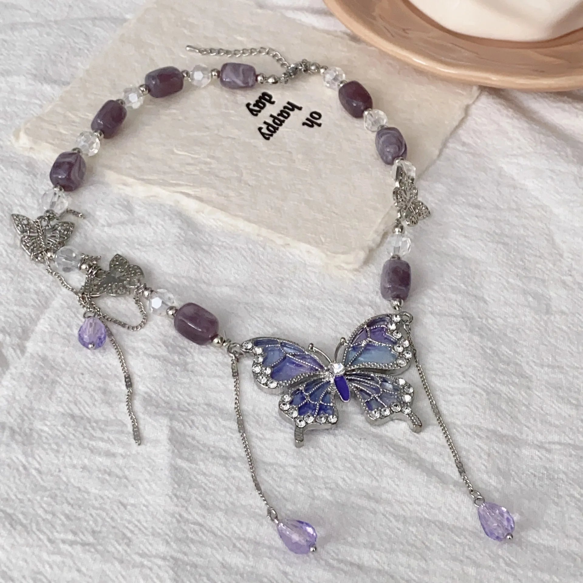 Ingvn  Purple Necklace for Women Crystal Butterfly Tassels Fashion Punk Style Jewelry Sweet Vintage Collares Para Mujer