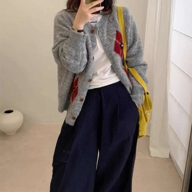 Ingvn - Women's Autumn Winter New Round Neck Color Block Argyle Knit Cardigan Loose Sweater Coat Chic Coquette Trendy  Sweater