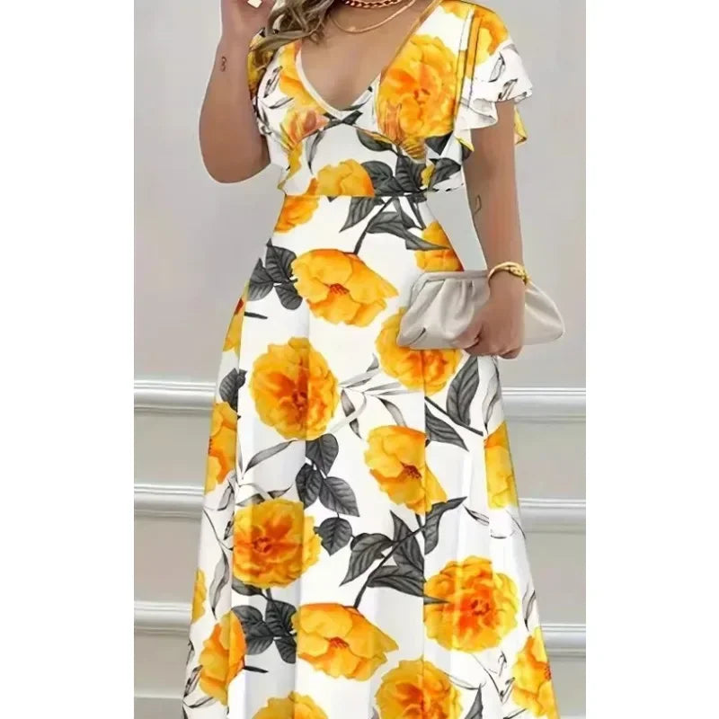 Ingvn  Women's XL-5XL Plus Size Hot selling V-neck elegant and casual printed long dress with large hem for women's clothing Women's