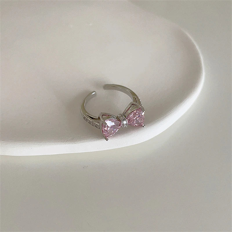 Ingvn  Pink Crystal Irregular Heart Rings Creative Zircon Bowknot Opal Love Heart Open Ring Y2K Shiny Rings for Women Party Jewelry