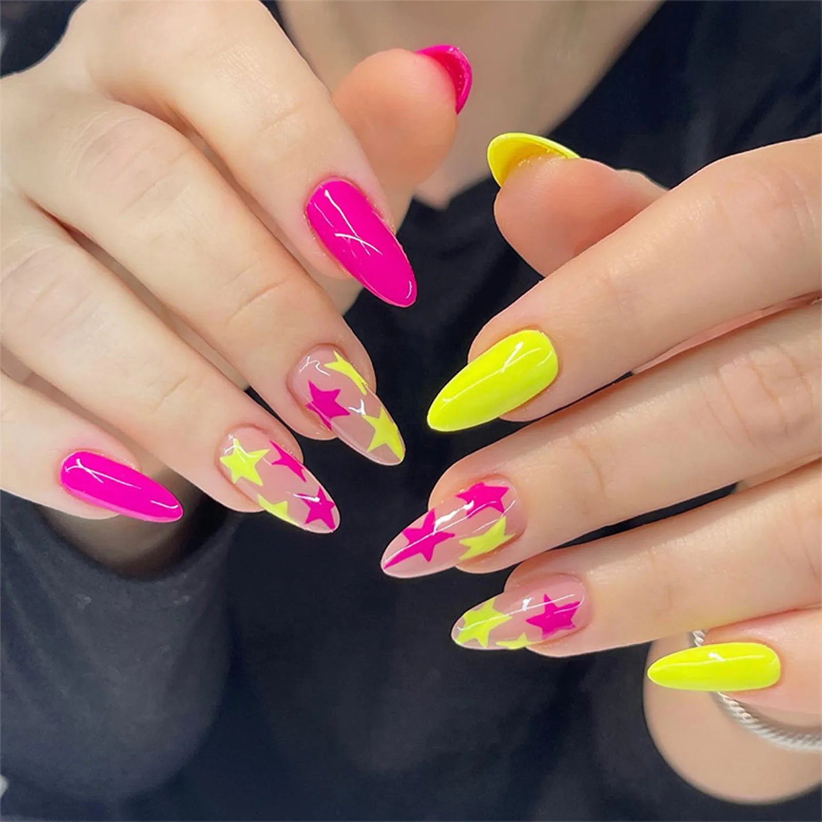 24pcs/box Fake French y2k Nails Press On Long Stiletto Almond Shape Wearable False Nails With Stars Designs Full Cover Nail Tips