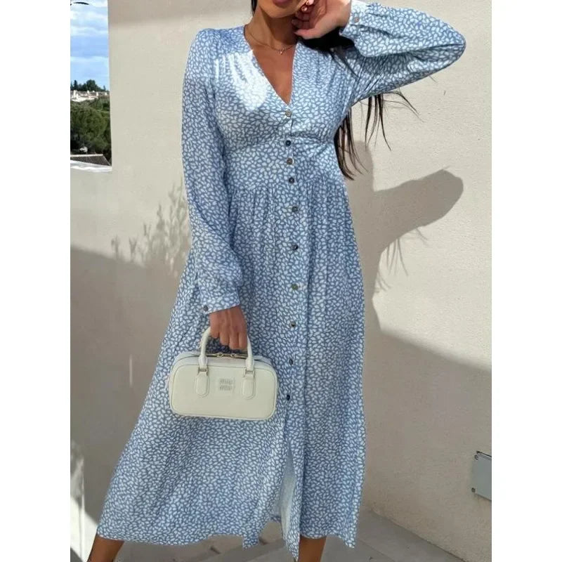 Ingvn  Women's Fashion V-neck Single Breasted Long Party Dress Ladies Casual Long Sleeve Floral Printed Comfortable Versatile Dress