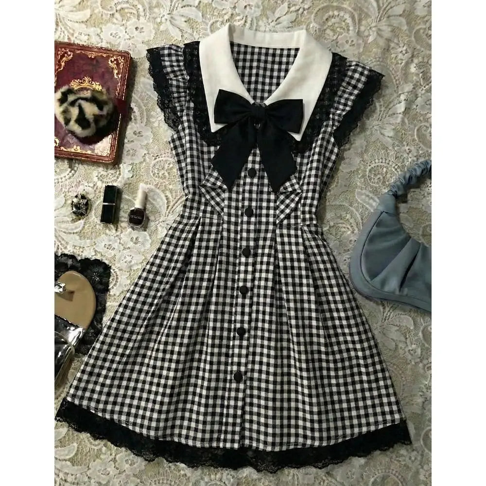 Ingvn  Japanese Kawaii Ruffle y2k mini Dress Women Sling vintage plaid short party Dress Cute Summer Street Style Dresses