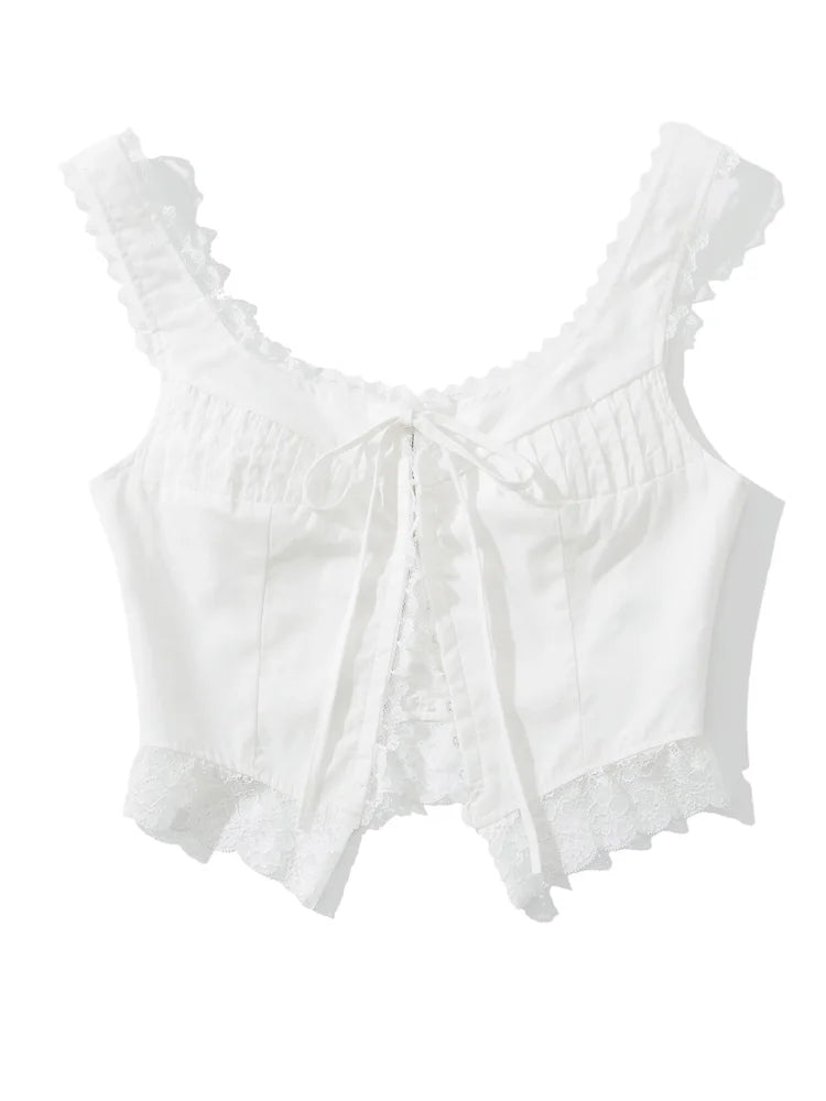 Ingvn  Sexy White Spliced Lace Front Metal Hook Buttons Corset Women Back Bow Lacing up Strap Camisole Tank Tops Rope Crop Top