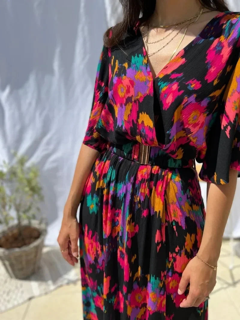Ingvn  Latest Popular Style Women's Fashionable Temperament V-neck Belt Printed Dress Women's Fashionable Multi-color Long Dress