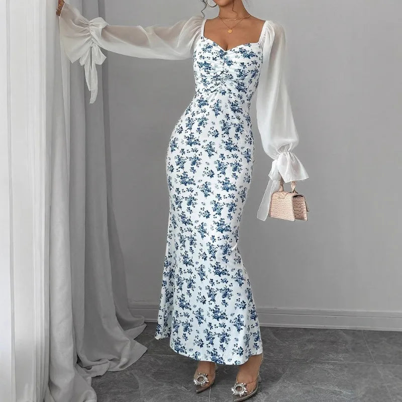 Ingvn  Women's Long-sleeved V-neck Dress Chiffon Patchwork Knitted Printed Hip-hugging Long Skirt