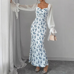 Ingvn  Women's Long-sleeved V-neck Dress Chiffon Patchwork Knitted Printed Hip-hugging Long Skirt