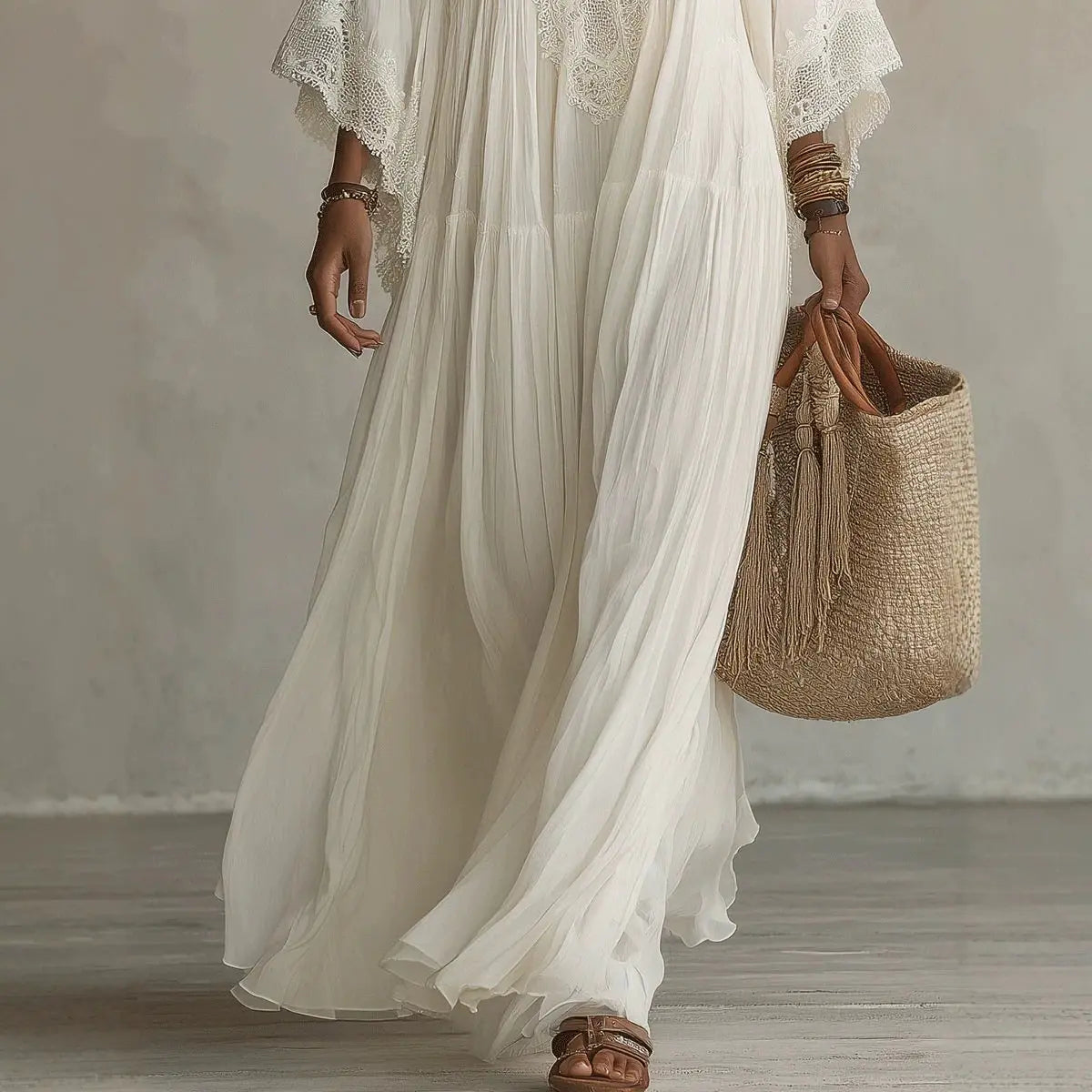 Ingvn  Vintage Solid Long Dresses New Women Boho Lace Trim Deep V Neck Flowy Maxi Dresses Ladies Fashion Beach Holiday Party Vestidos