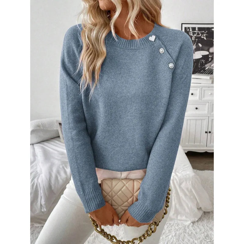 Ingvn - New Women's Clothing Casual Diagonal Pullovers Button Knitted Sweater
