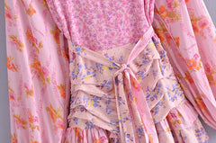 Ingvn  Holiday Contrast Color Floral Print Lantern Sleeve Mini Dress Bow Sashes Ruched Pleated Waist Ruffles Hem Women Dresses Robe