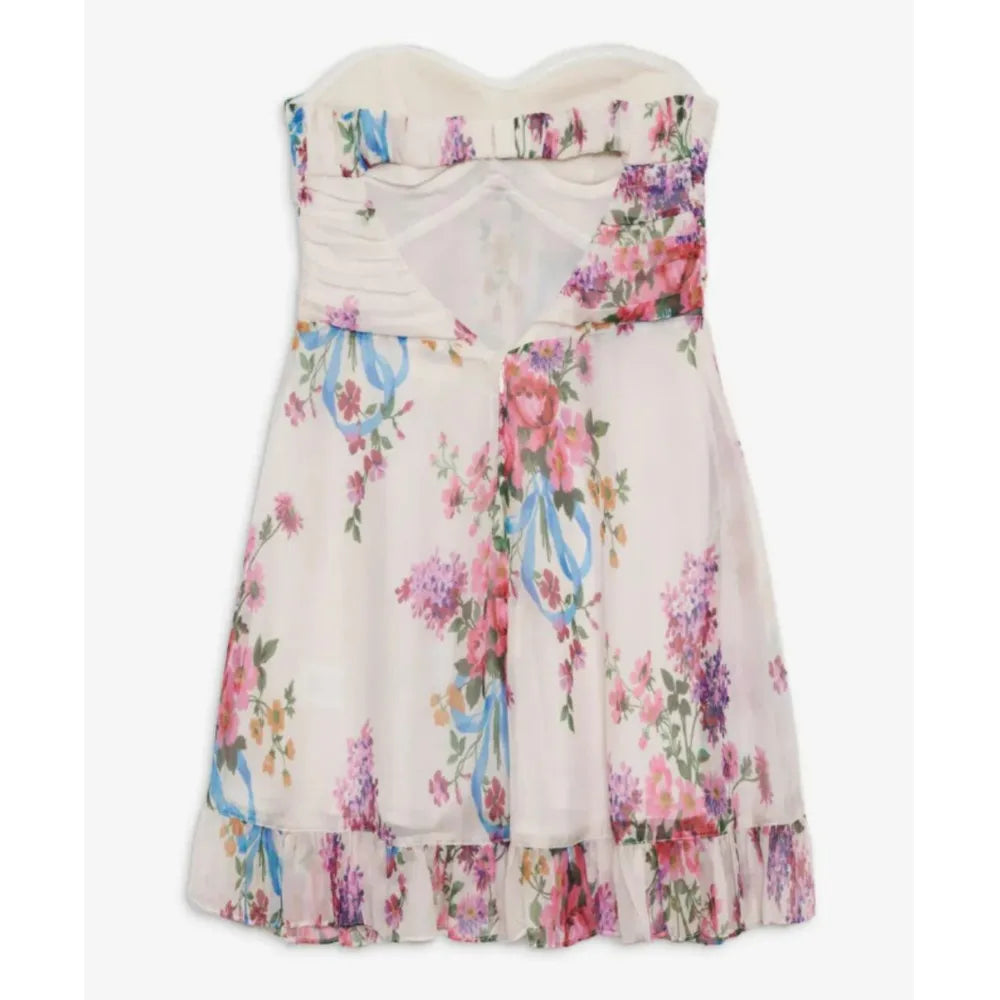 Ingvn  Floral Print Strapless Mini Chiffon Dress Women Ruffles Hem Party Irregular Frilled Elastic Bandage Backless Holiday Dress
