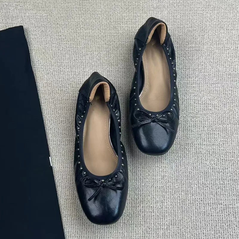 Ingvn  Vintage Rivet Bowknot Women Ballet Pumps Comfortable Soft Leather 3cm Thick Heeled Lazy Loafers Spring Summer Casual Girls Shoes