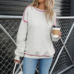 Ingvn - Women Crew Neck Contrast Piping Loose Sweatshirt Casual Long Sleeve Daily Pullover Top