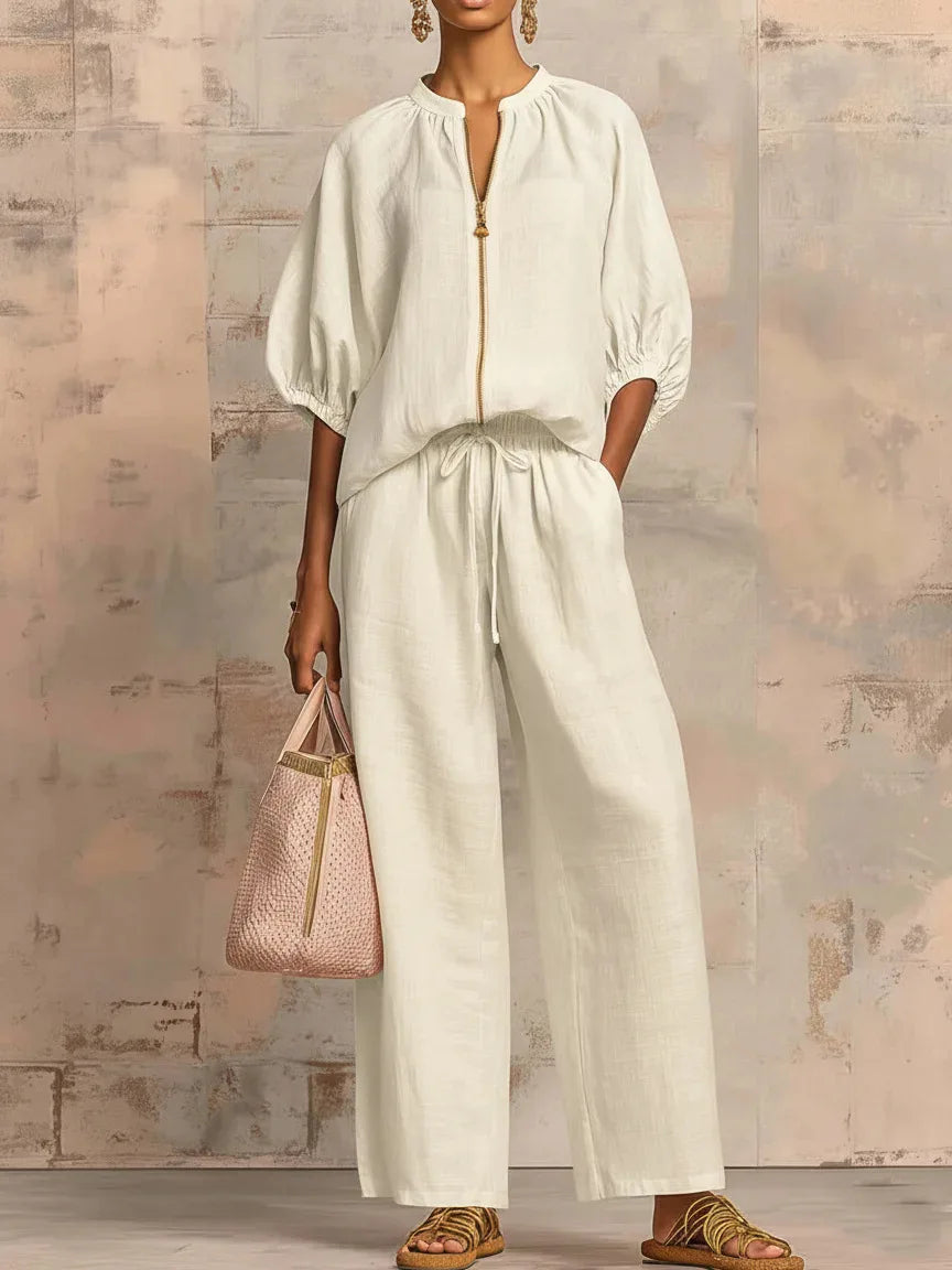 Ingvn  Womens Matching Sets Summer Casual Loose Zipper Tops And Wide Leg Pants 2 Piece Set Outfits Women Elegant