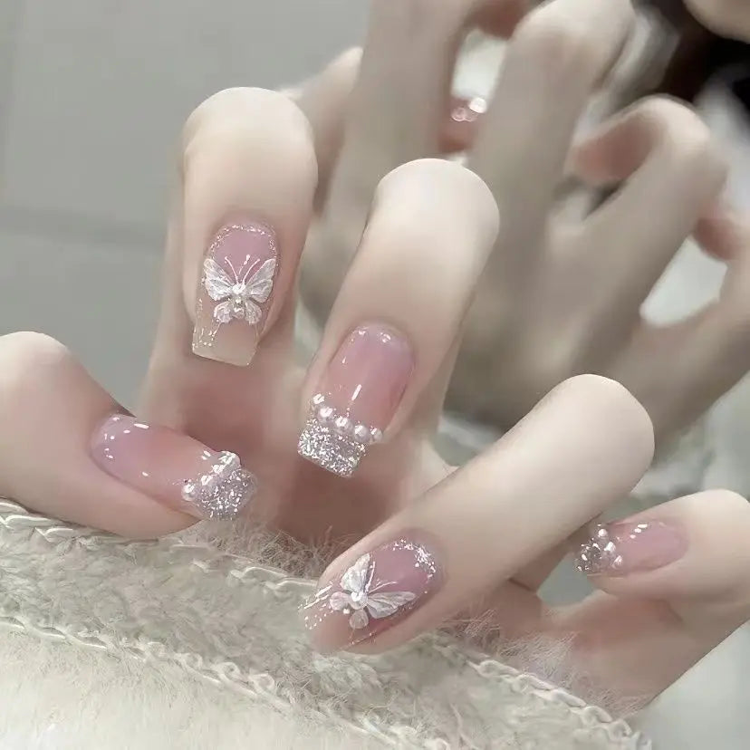 Ingvn  24Pcs Pink Ballet Fake Nails Full Cover Nail Tips Long Ballet False Nails with Rhinestone Chain Design Wearable Press on Nails