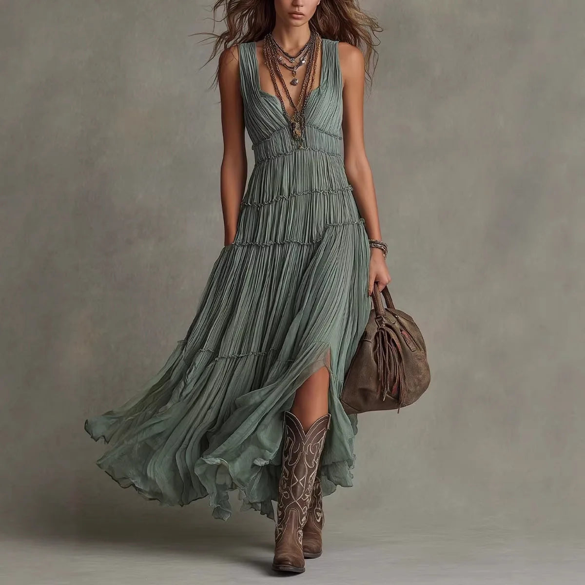 Ingvn  Women's Boho Tiered Maxi Dress Sleeveless V-Neck Pleated Flowy Dress Vintage Inspired Chic Casual Vacation Long Dress for Woman