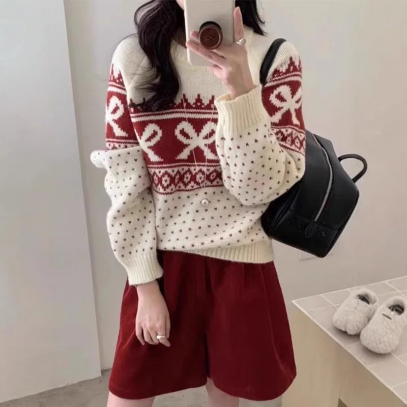 Ingvn - Autumn and Winter Fashion New Women's Elegant Knitted Printed Retro Jacquard Hoodie Round Neck Thickened Warm Sweater