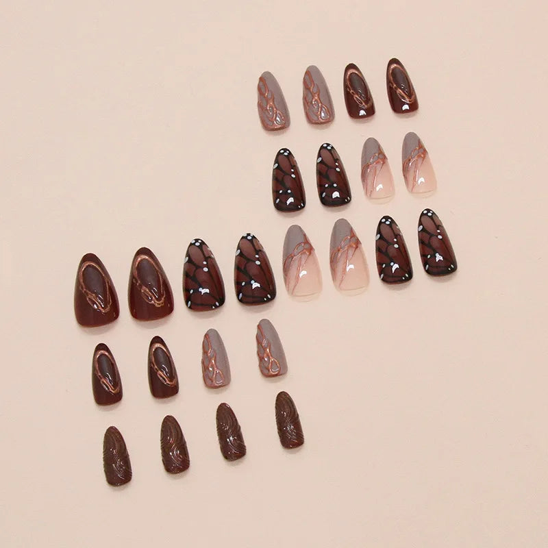 Ingvn  24Pcs Butterfly Wings Press on Acyrlic Nails with Design Medium Autumn Length Fingernails Fake with Charm 3d Textured Nail Tips