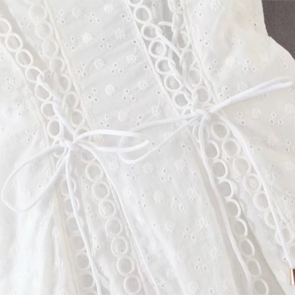 Ingvn  Sweet White Embroidery Hole Stitching Lace Cross Lacing up Short Puff Sleeve Dress Woman French Mini Dresses Holiday Robe