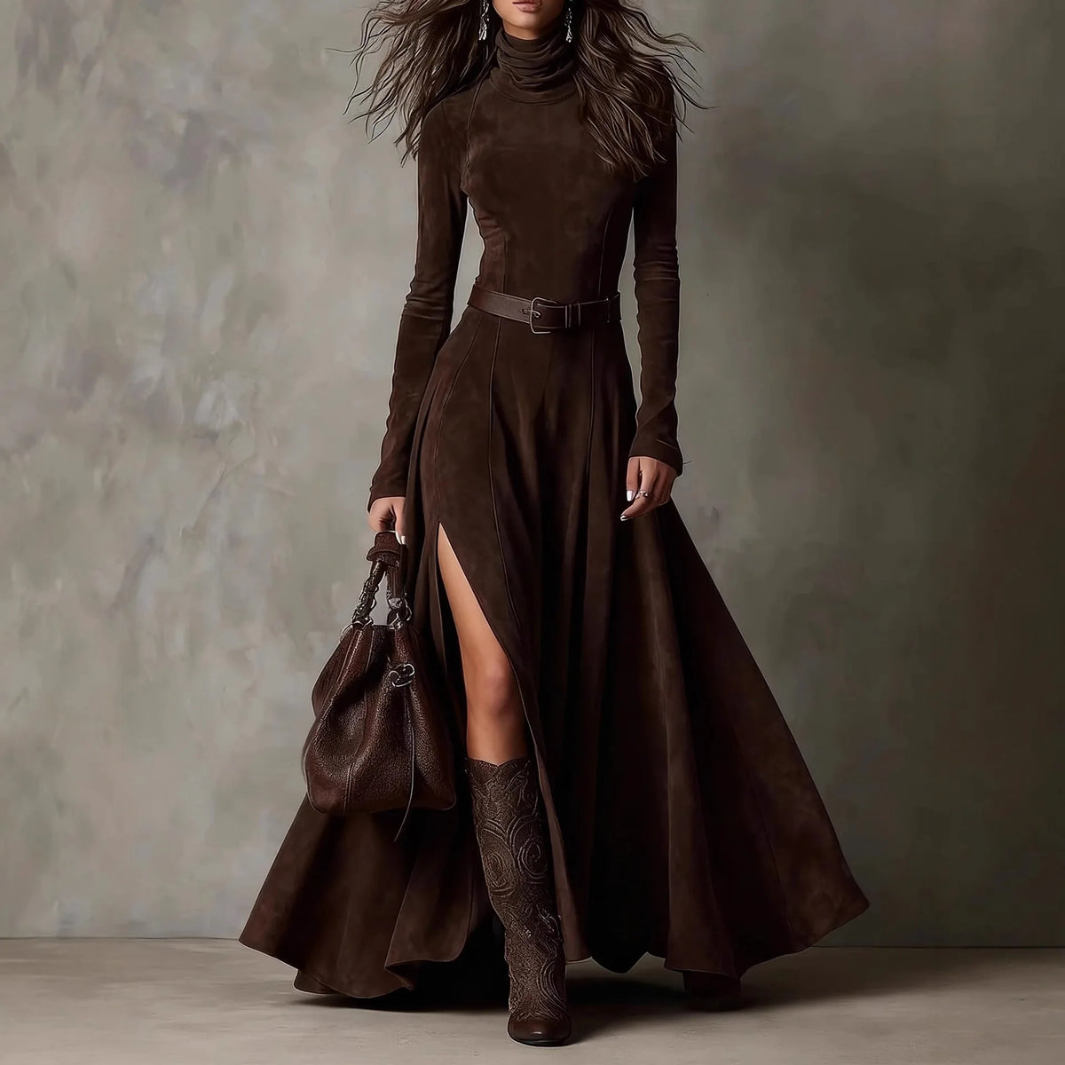 Ingvn  American Retro Suede Split Hem Dress for Women's Long Sleeve Turtleneck Solid Color Elegant Sexy Slim Fit Long Dress With Belt