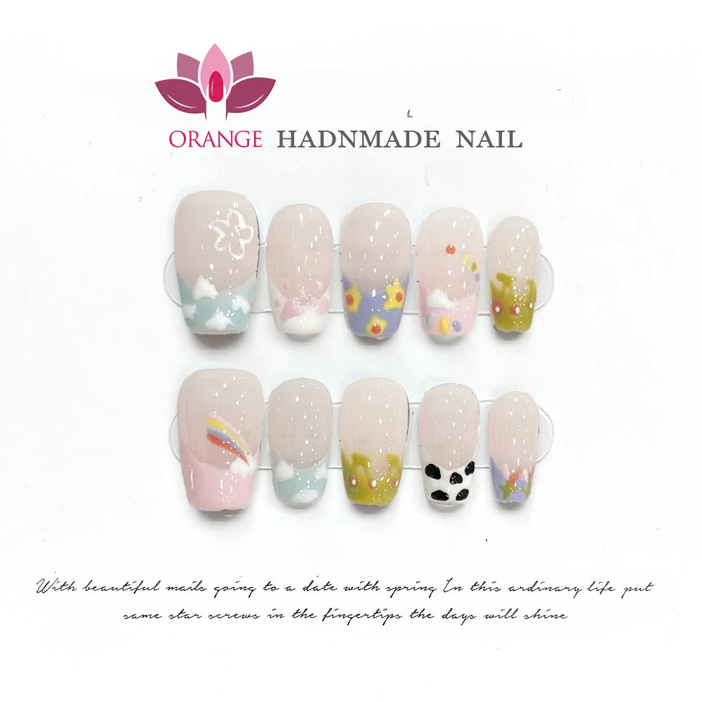 Handmade Press On Nails French Flower Designed Translucent Reusable Fake Nails Artificial Manicuree Wearable Orange Nails Store