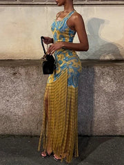 Ingvn  Colorblock Printing Midi Dress for Women V Neck Sleeveless High Waist Patchwork Tassel Evening Dresses Female Style
