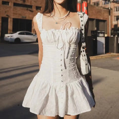 Ingvn  Sexy White Emboridery Flower Bow Ruched Chest Elastic Strap Mini Tank Dress Low Waist Spliced Folded Swing Women Sleeveless Robe