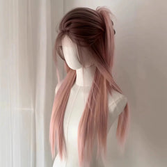 Ingvn  ﻿Long Wavy Ombre Pink Lolita Wig Synthetic Natural Cosplay Small Area Lace Wig Halloween Party Costume Wig for Women Daily Wear