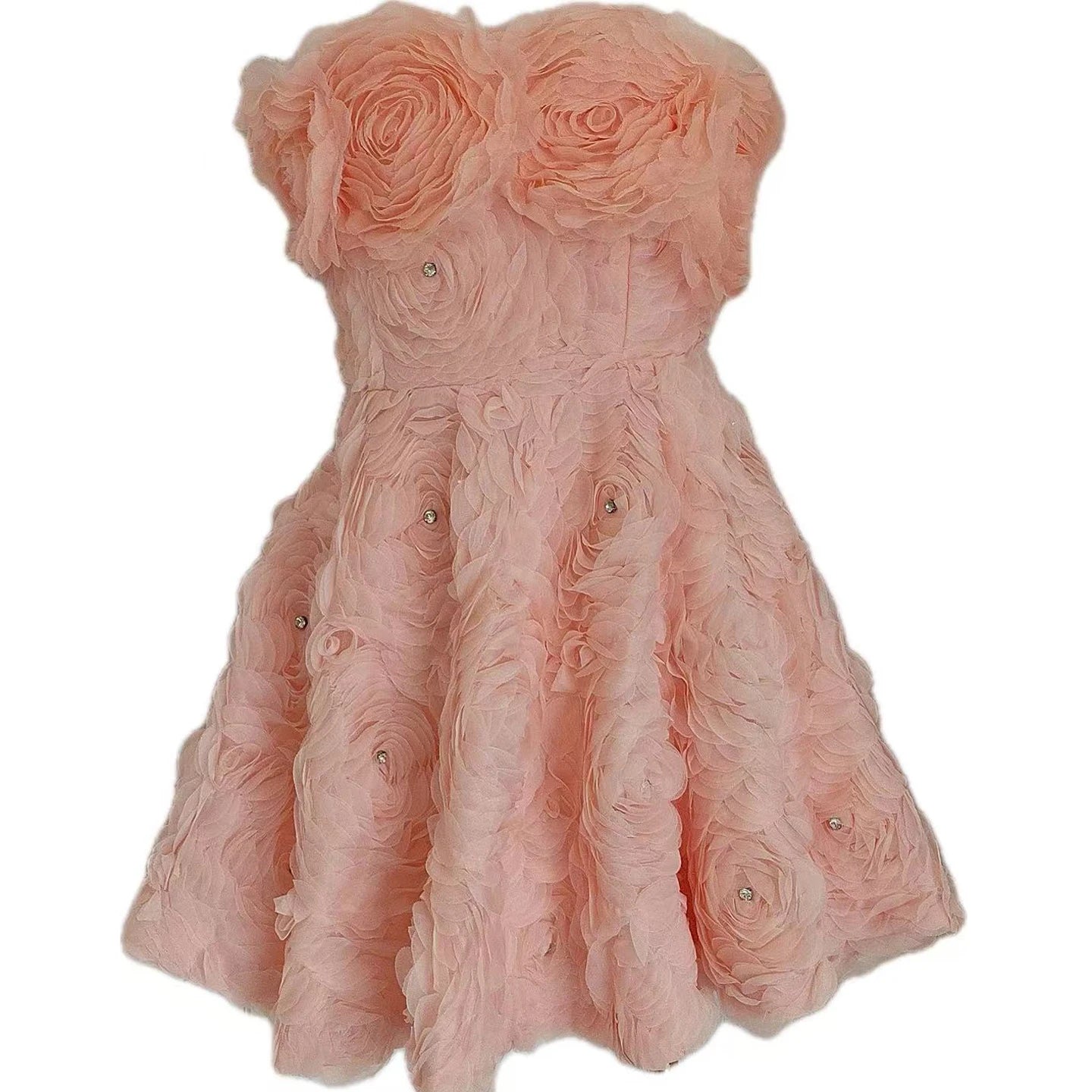 Ingvn  French Elegant Heavy Industry Socialite Birthday Party Dresses 3D Flower Diamond High Waist Slim A-line Fluffy Short Dress Women