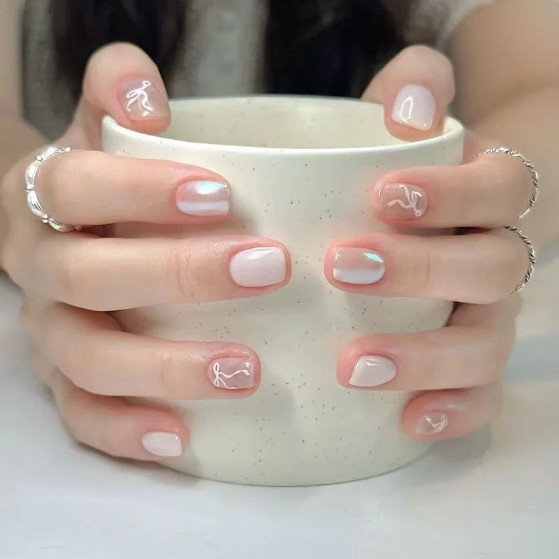 Ingvn  24Pcs Short Ballet False Nails with Red Strawberry Pattern Acrylic Coffin Nails Set Press on Cute Cat's Eye Sticks Nail Tips