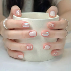 Ingvn  24Pcs Short Ballet False Nails with Red Strawberry Pattern Acrylic Coffin Nails Set Press on Cute Cat's Eye Sticks Nail Tips