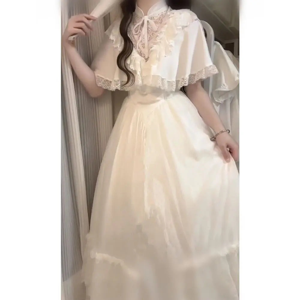 Ingvn  Elegant Vintage Lace White Lolita Dresses Summer Sweet Puff Sleeve Dress for Women New Slim Sweet Midi Dress Vestidos Mujer