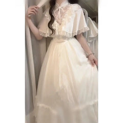 Ingvn  Elegant Vintage Lace White Lolita Dresses Summer Sweet Puff Sleeve Dress for Women New Slim Sweet Midi Dress Vestidos Mujer