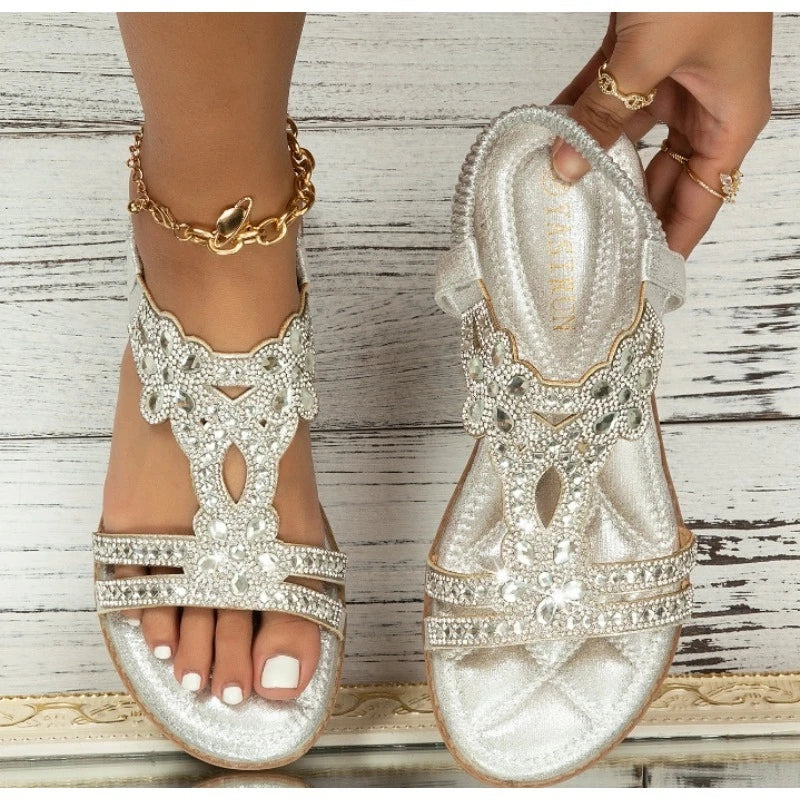 Ingvn  Plus Size 36-43 Shoes for Women Rhinestone Sandals Bohemian Elastic Band Beach Shoes Fashion Casual Open Toe Sandalias De Mujer