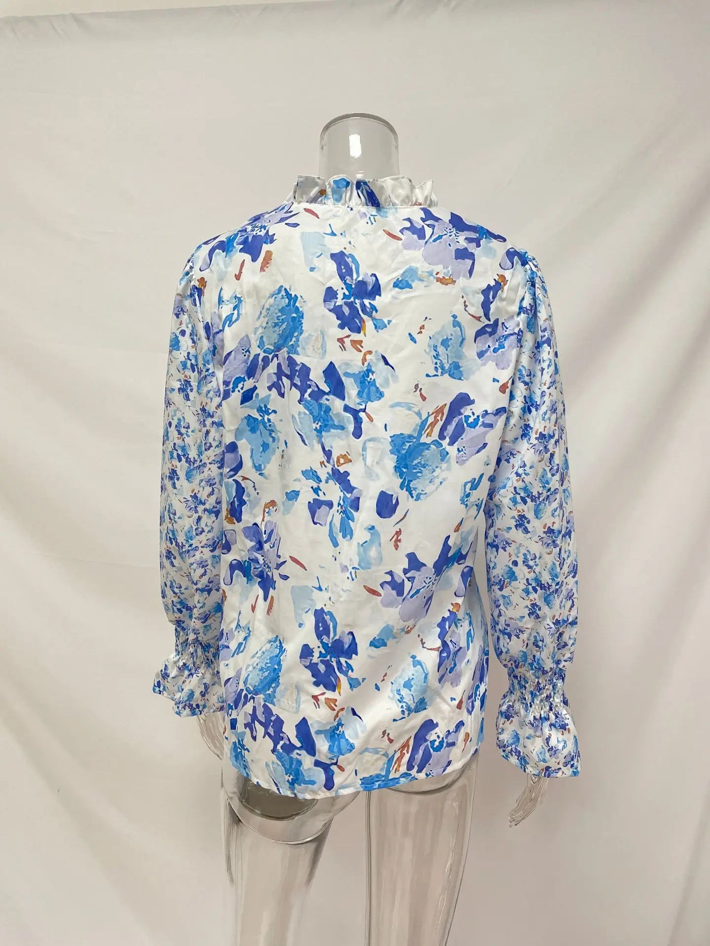 Ingvn - Women's Summer Floral Print V Neck Long Sleeve Blouse Ruffle Cuff Button Down Casual Loose Chiffon Shirt