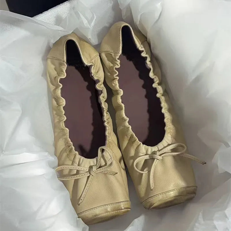 Ingvn - Ballet Style Fashion Square Toe Bowknot Stretch Women Pumps Cozy Soft Sole Leather Low Heeled Lazy Walking Loafers Casual Shoes