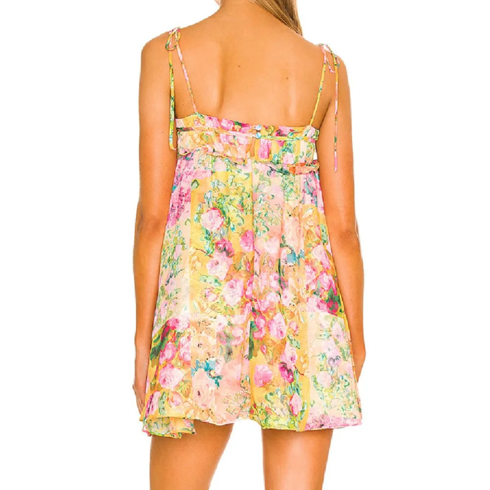 Ingvn  Women Bow Lacing up Sling Robe Holiday BOHO Ruched Chest Orange Flower Print Spaghetti Strap Mini Dress