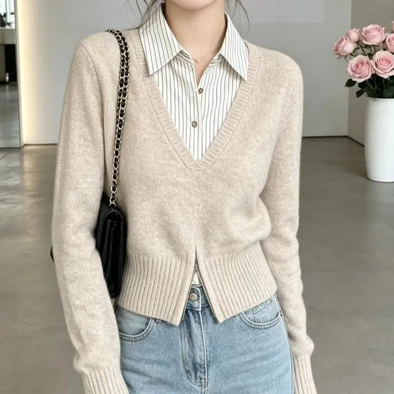 Ingvn - Women's Autumn/Winter Fashion New Type Artificial Two Piece Set Collar Knitted Sweater Warm Stripe Zipper Hoodie