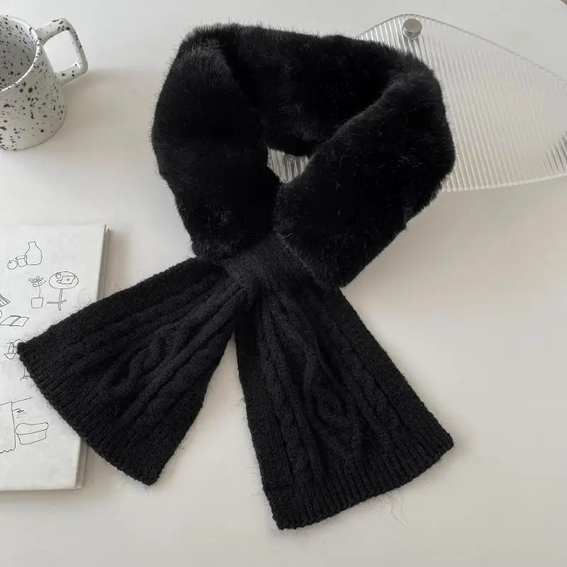 Ingvn - Women's Autumn Winter Knit Scarf Faux Fur Cross Neck Warmer Solid Thick Warm Elegant Chic Coquette Trendy