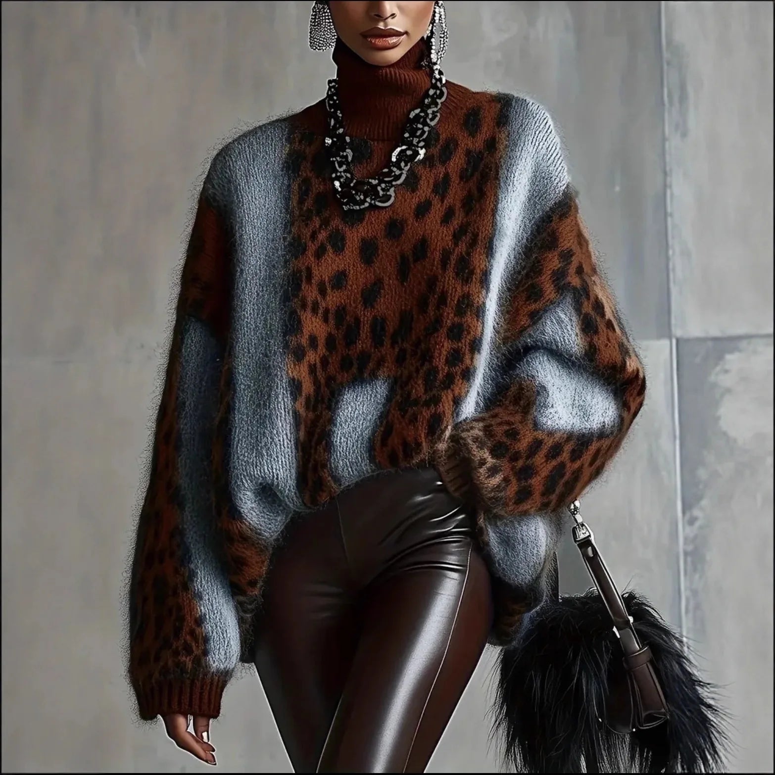 Ingvn  Fashion Patchwork Leopard Print Sweater for Women Spring Autumn Turtleneck Long Sleeve Loose Knit Warm Pullover Jumper