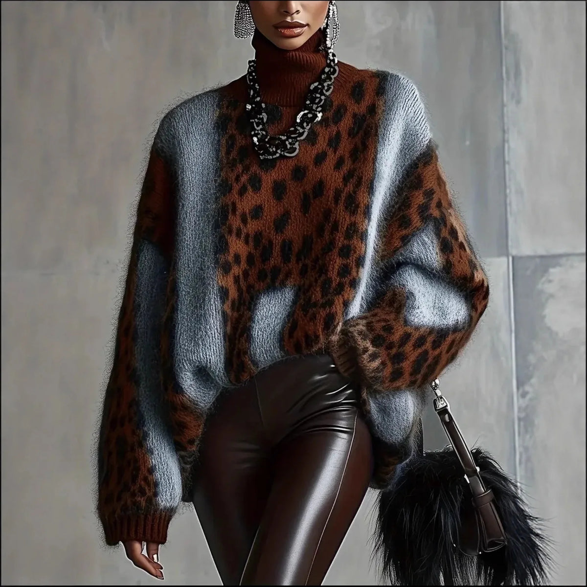 Ingvn  Fashion Patchwork Leopard Print Sweater for Women Spring Autumn Turtleneck Long Sleeve Loose Knit Warm Pullover Jumper