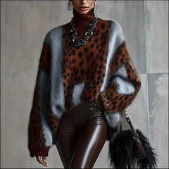 Ingvn  Fashion Patchwork Leopard Print Sweater for Women Spring Autumn Turtleneck Long Sleeve Loose Knit Warm Pullover Jumper