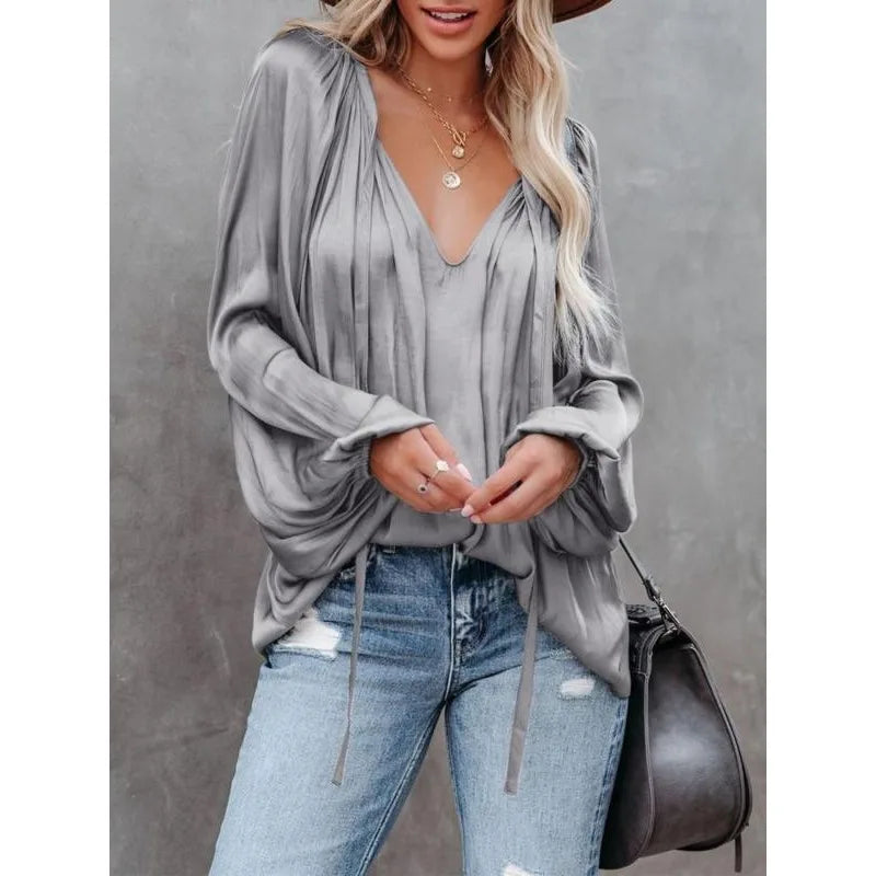 Ingvn  Plus Size Fashion Long Sleeve V Neck Office Casual Shirt Women Elegant Simple Loose Blouse Lady Pleated Solid Color Top