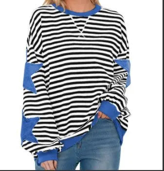 Ingvn - Women Casual Striped Sweatshirt Spring Star Patchwork Round Neck Long Sleeve Loose Pullover Daily Wear