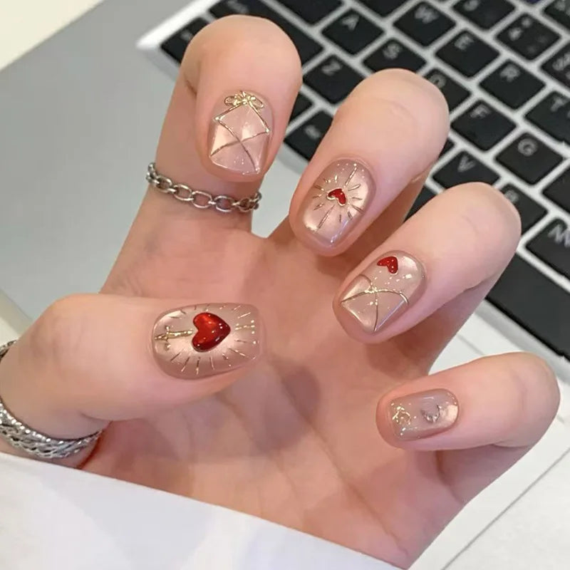 Ingvn  24Pcs Short Ballet False Nails with Red Strawberry Pattern Acrylic Coffin Nails Set Press on Cute Cat's Eye Sticks Nail Tips