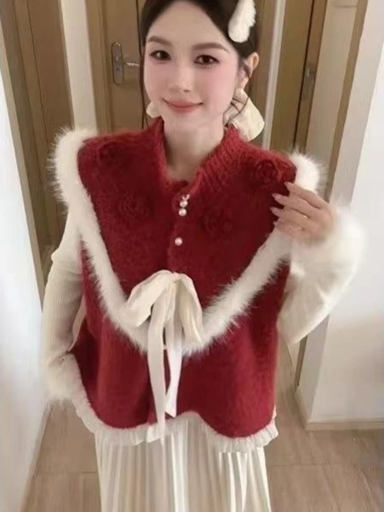 Ingvn - Women's Autumn Niche Tweed Faux Fur Patchwork Layering Knit Vest Elegant Chic Coquette Trendy Top Warm Vintage  Knit Vest