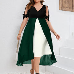 Ingvn  Spring and Summer New Women's V-Neck Patchwork Fake Two-Piece Irregular Sleeve Dress