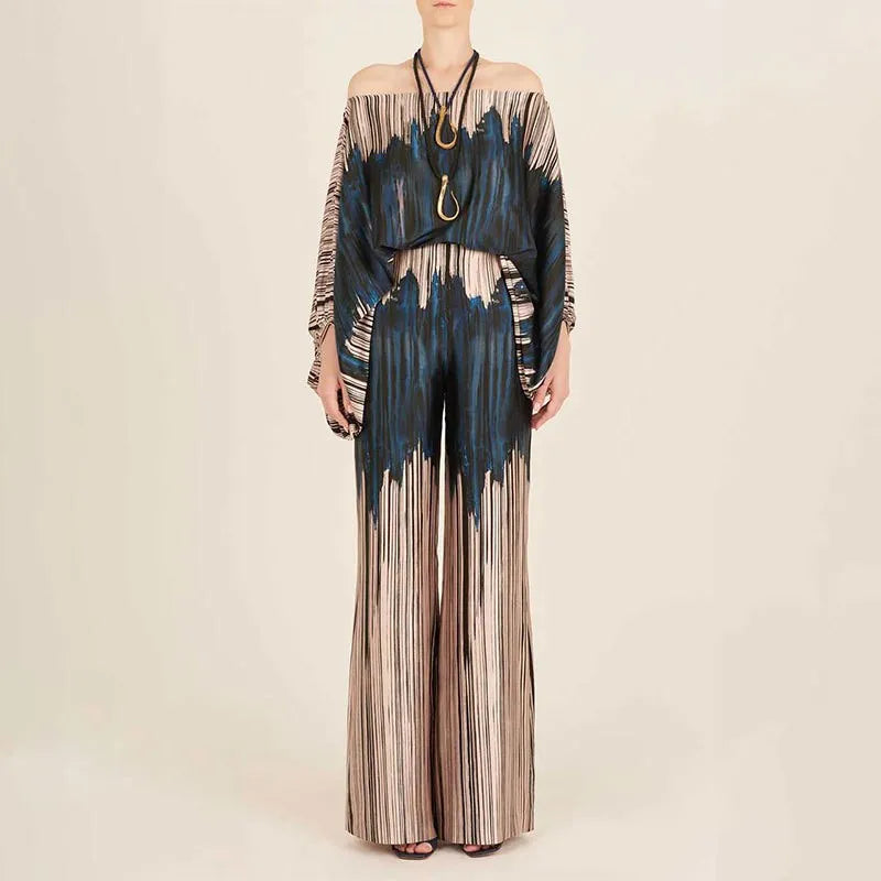 Ingvn  Spring Women's Clothing Floral Off Shoulder Loose Batwing Sleeve Wide Leg Pants Set Polyester Elegant Comfortable Casual Wear